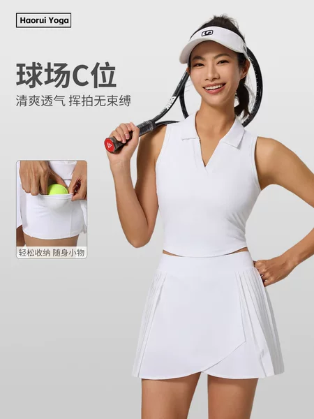 Tennis Yoga Sports Pleated Short Skirt Set for Women, Naked-Feel Tight-Fitting Sleeveless Tank Top with Polo Collar, Tennis Skirt Set