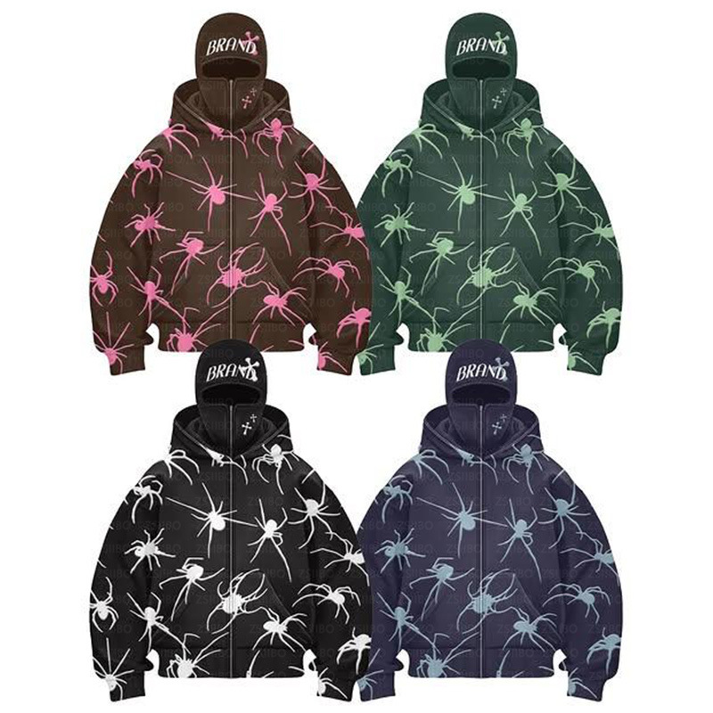 Oumier New Fashion Y2K Personality Street Spider Print Couple Giacca antivento con cappuccio doppio e mascherina_voghion.com