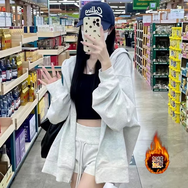 美式复古重磅连帽卫衣女春秋oversize薄款外套宽松慵懒风开衫上衣|undefined