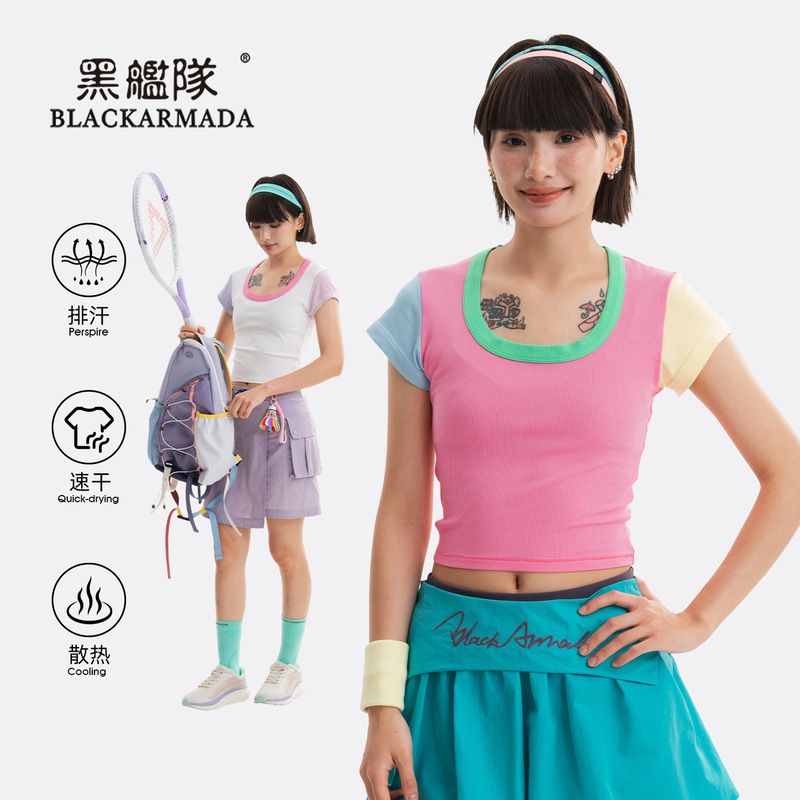 Black Fleet Outdoor Dopamine Color-Block Quick-Dry Regular Shoulder T-Shirt for Women, Lightweight Sports Loose Short-Sleeve Top Black Fleet Outdoor Dopamine Color-Block Quick-Dry Regular Shoulder T-Shirt for Women, Lightweight Sports Loose Short-Sleeve Top