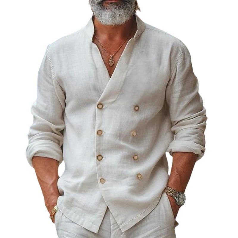 Camicia da uomo in stile europeo e americano, taglie forti, casual, da casa, con colletto alla coreana, in cotone e lino, lunga_voghion.com