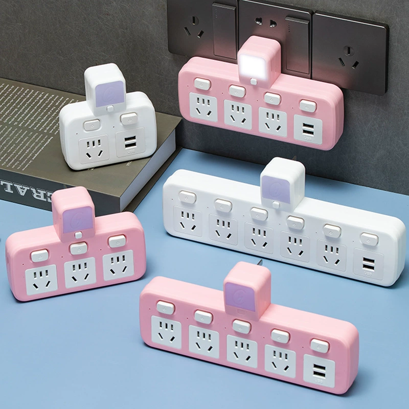Multi-hole multi-function converter with night light and USB socket white
