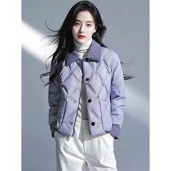 紫色翻领超好看菱格短款外套棉服女年新款冬季洋气小棉袄外套