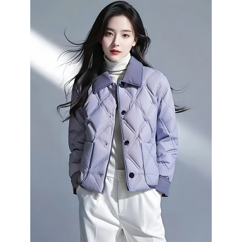 紫色翻领超好看菱格短款外套棉服女年新款冬季洋气小棉袄外套|undefined