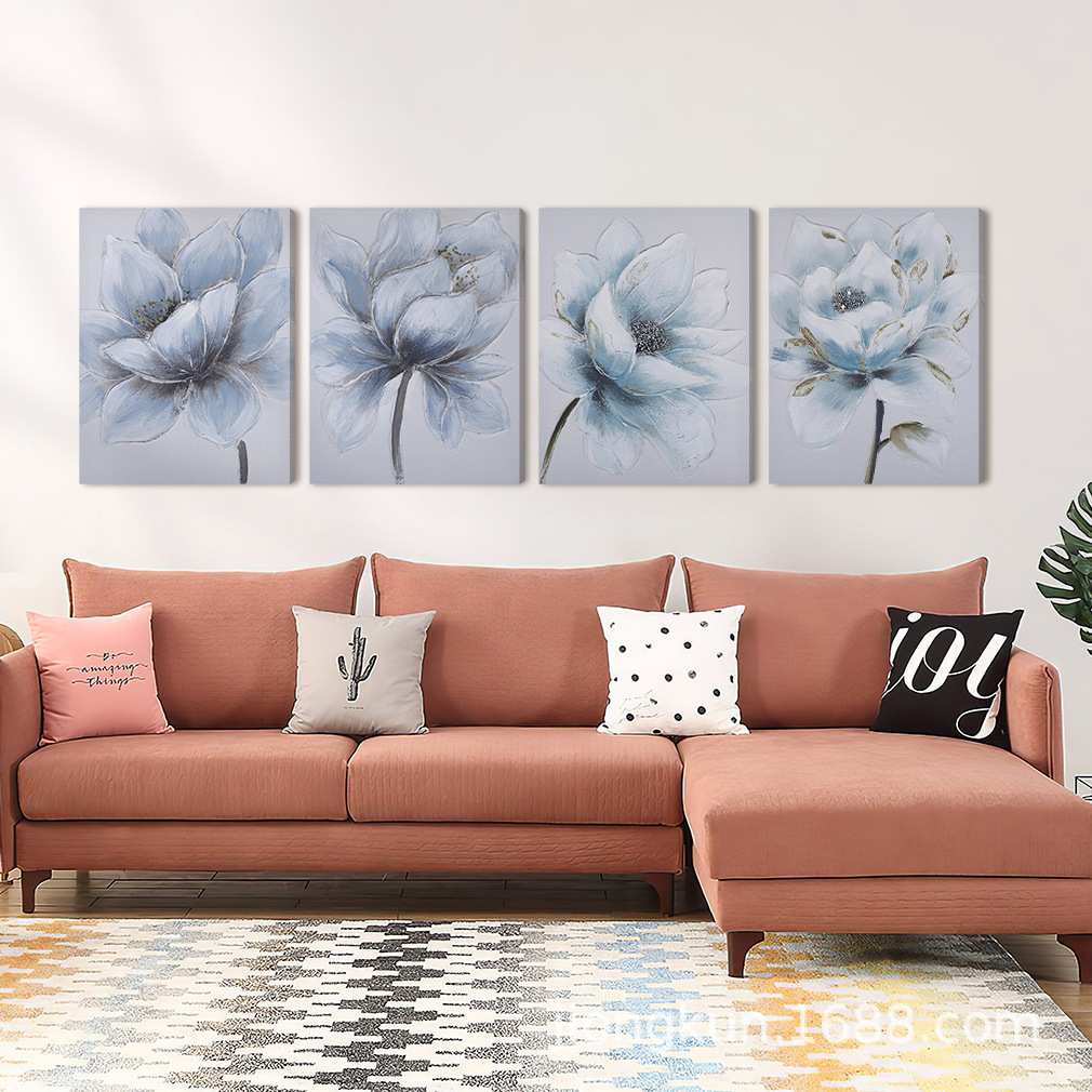 クロスボーダー人気モダンシンプルブルー花キャンバス画サンプルプレート間ホテル装飾画リビングルーム寝室玄関実物