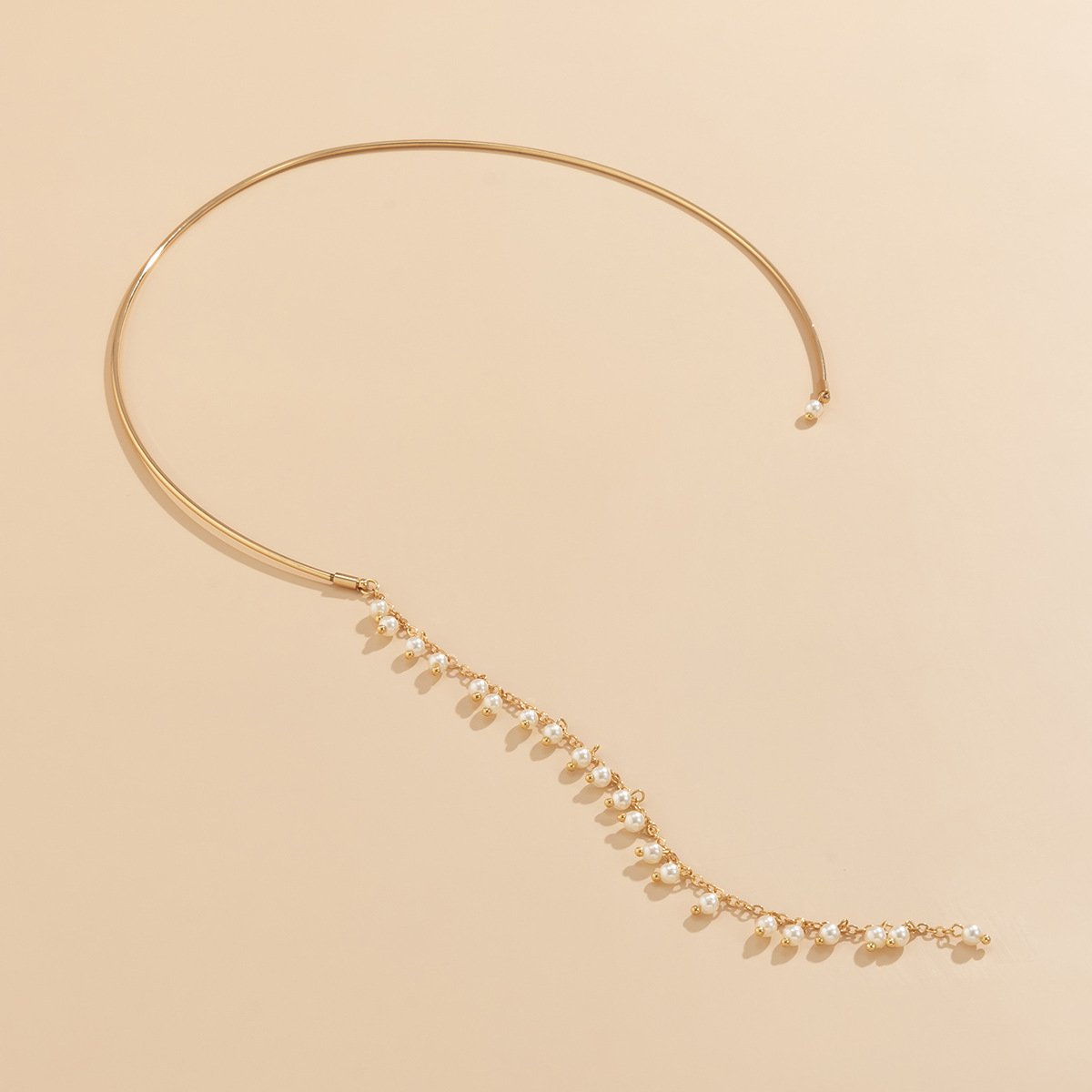 Geometric long asymmetric tassel open collar alloy necklace