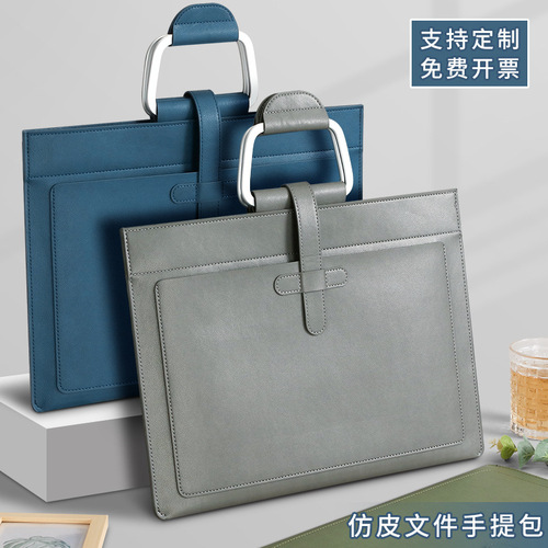 New large-capacity file bag handbag data storage computer bag PU leather office storage file bag printable