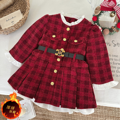 Little Girl's Plaid Long-Sleeve Dress 2025 Autumn Winter Princess Dress for Young Children with Lace Waist Cinch and Fleece
