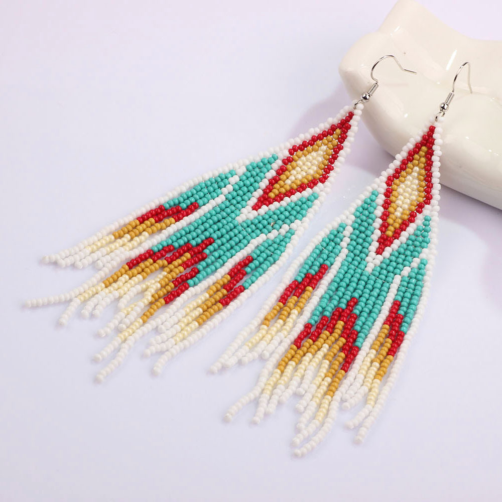 Geometric Pattern 1 Pair Ethnic Style Geometric Tassel Beaded Drop Earrings