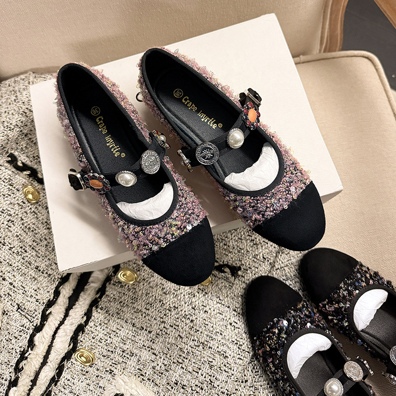 Princesa Su Yinyin Anne ~ Pequeña fragancia, botón de insignia de tweeze, zapatos individuales Mary Jane, zapatos de boda para banquetes para mujeres, zapatos planos para mujeres