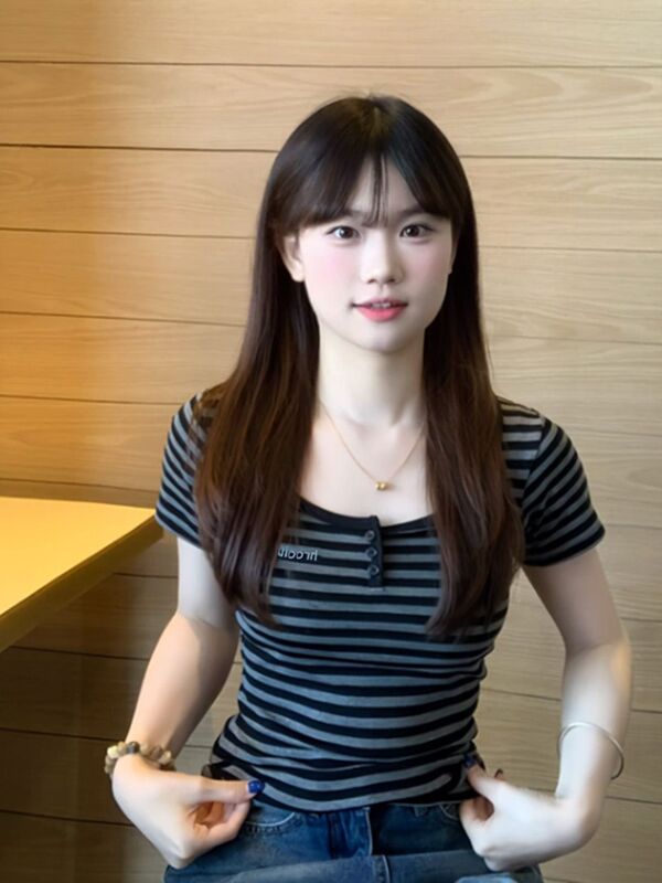 韓国レトロコントラストストライプUネック半袖Tシャツレディース夏純粋な欲望ホットガールBMスタイル痩身ショートトップ|undefined