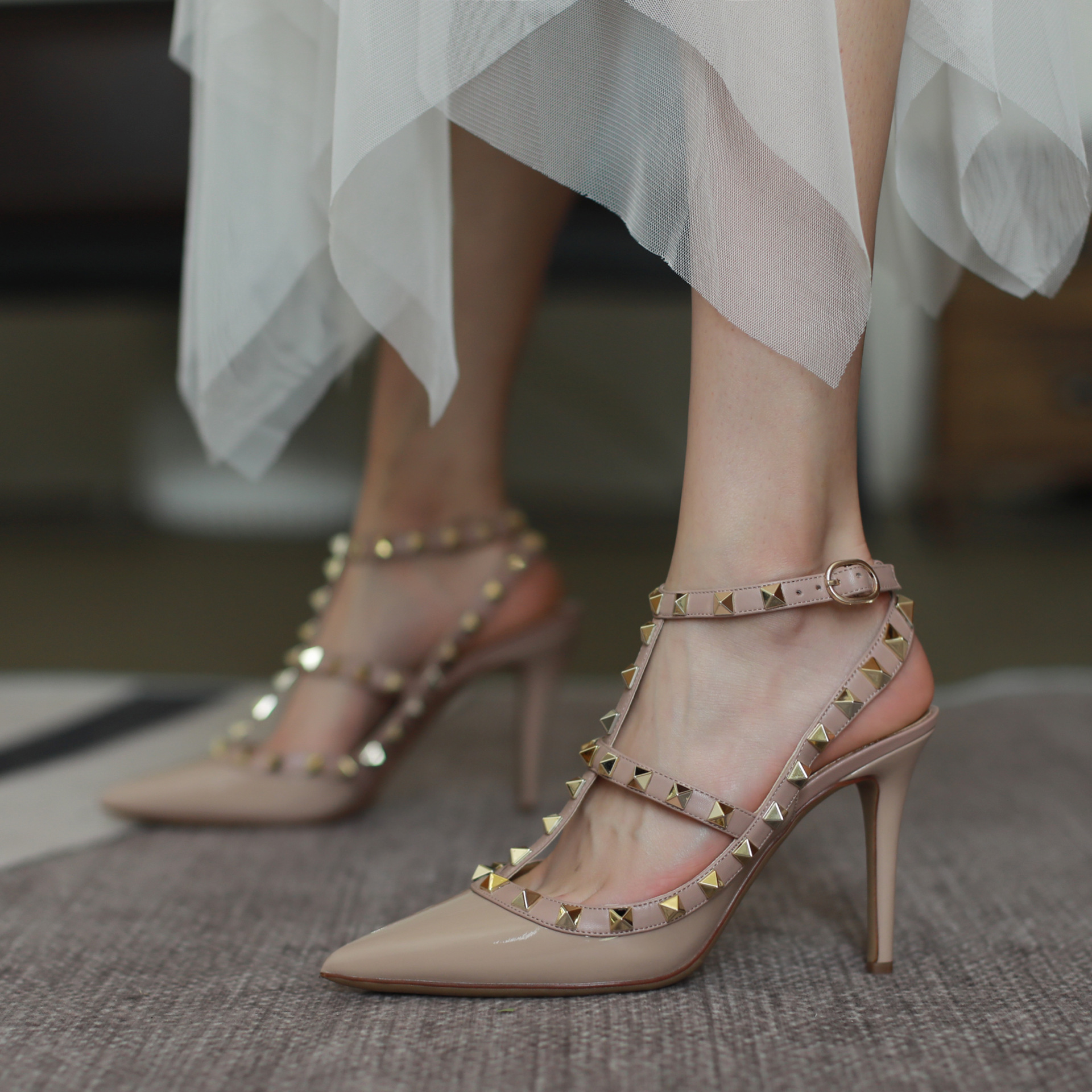 2022 spring and summer new Rivet pointed high heel shoes two-strap ultra-high mid heel shoes stiletto strap leather sandals women's shoes