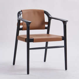 北欧实木中古单人餐椅酒店民宿家用餐厅马鞍皮扶手舒适咖啡厅椅子