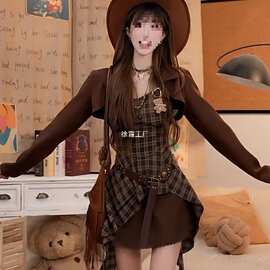 纯欲美式拉德辣妹收腰套装吊带秋季开衫不规则外套复古格纹连衣裙