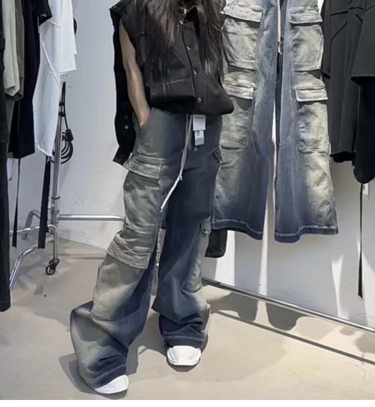 Men's Clothing VINTAGE GARC niche trendy brand RO style wide leg multi pocket flared distressed jeans men's vibe cotton_voghion.com