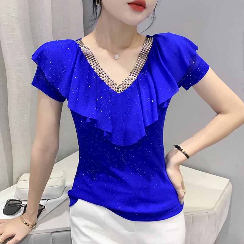 Cross-Border Southeast Asia Summer Original Design V-Neck Mesh Short-Sleeve Hollow-Out Rhinestone Slim-Fit Slimming Blouse for Women Wholesale