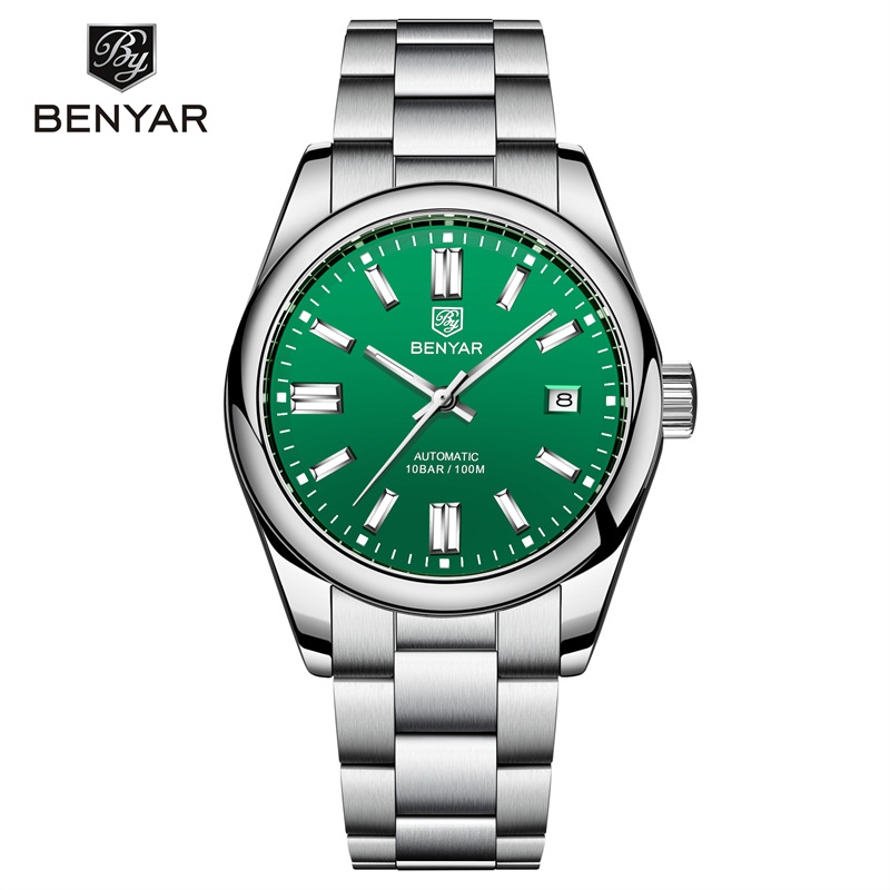 BENYAR Binya 5185 nuevo movimiento mecánico automático de Los Hombres Correa Acero inoxidable calendario simple Reloj negocios