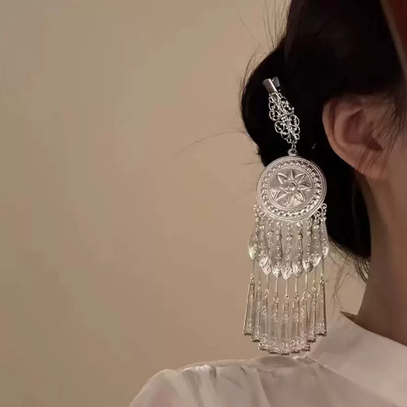 苗族太阳花流苏发夹民族风侧边夹女复古刘海夹仿苗银发卡汉服头饰