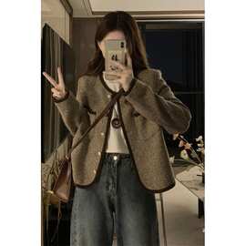 大码小香风撞色短款外套秋季新款女装胖mm显瘦单排扣长袖开衫上衣