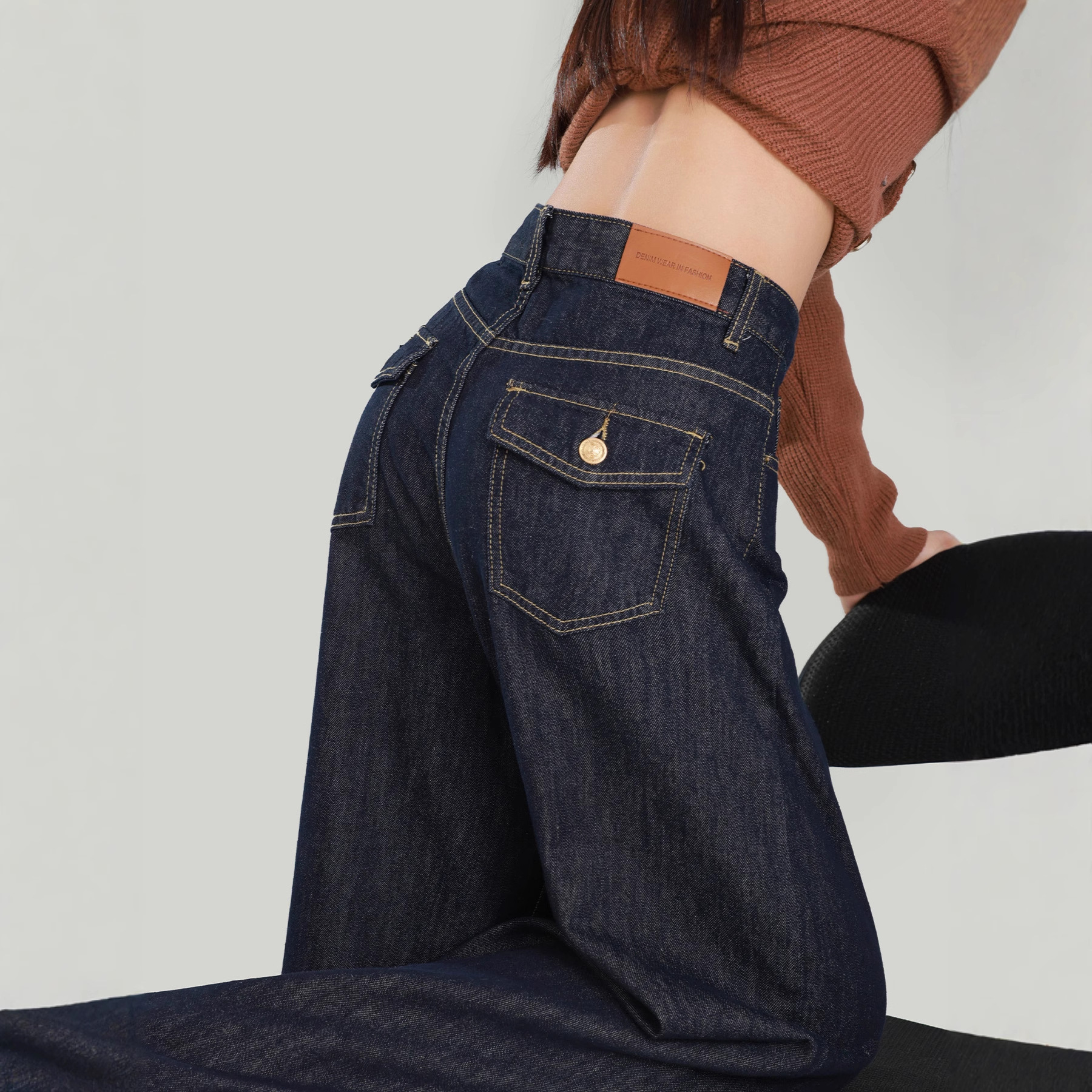 Dark Blue High-Waisted Wide-Leg Jeans for Women 2025 New Spring and Autum Loose Draped Floor-Length Straight Casual Pants