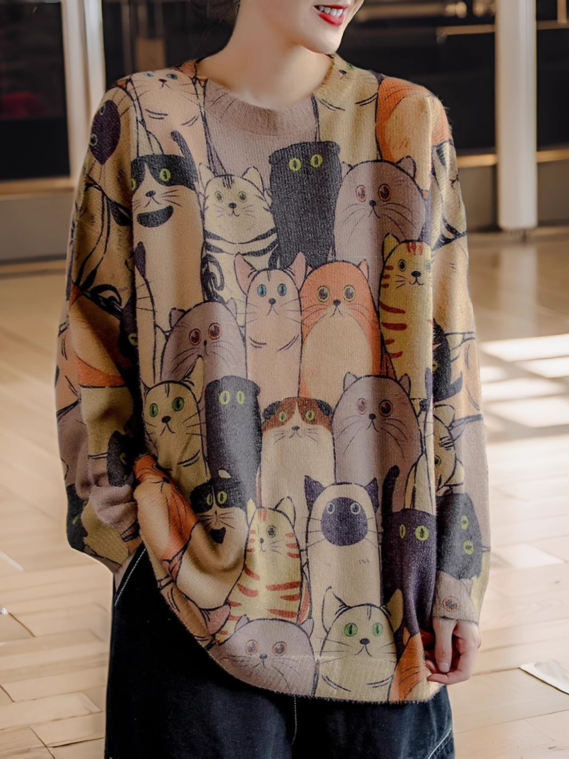 Otoño y invierno suéter de tamaño grande patrón de dibujos animados chaqueta suelta perezosa gato de moda de punto de cuello redondo medio largo image 2