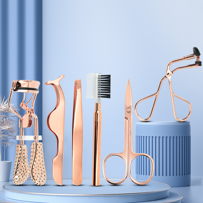 Factory direct supply rose gold eyelash curler and eyebrow shaping set, 6-piece stainless steel portable beauty tools