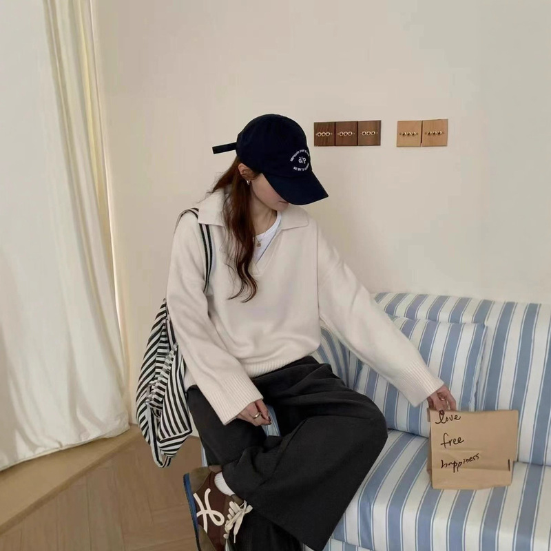 翻领剪刀领长袖针织衫女外贸秋冬季新款宽松大码加厚套头衫上衣|undefined