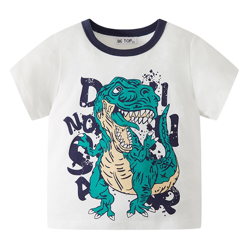 Camiseta de manga corta para niños 2025, nueva ropa infantil, top con estampado de dinosaurio de dibujos animados para niños, estilo coreano de media manga para bebés