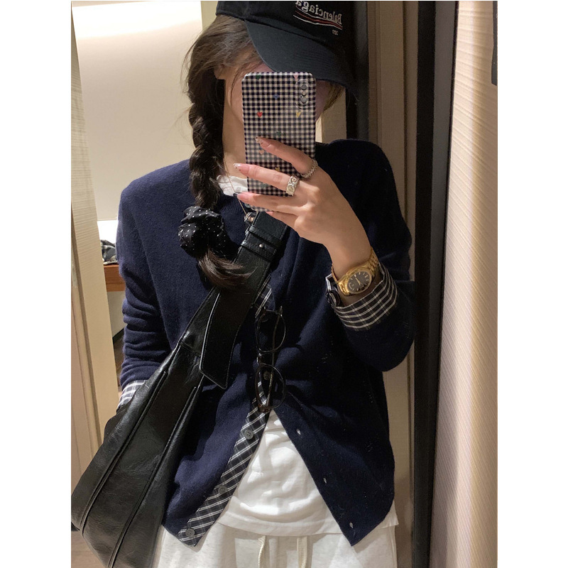 假两件miu系叠穿针织衫女秋冬灰色毛衣开衫外套拼接格子内搭上衣|undefined