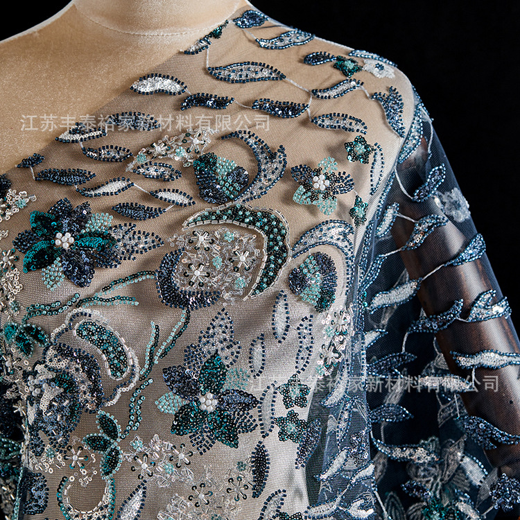 Tejido de bordado de malla azul gradiente flor sequin de clavos de cuentas de tela bordada vestido de boda image 1