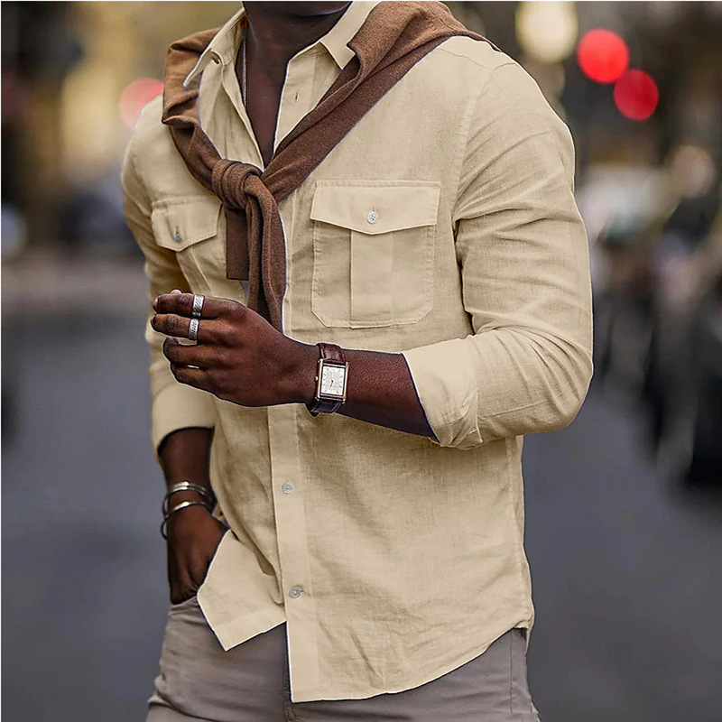2024 Men's New Solid Cotton Lapel Pocket Shirt_senzul.com