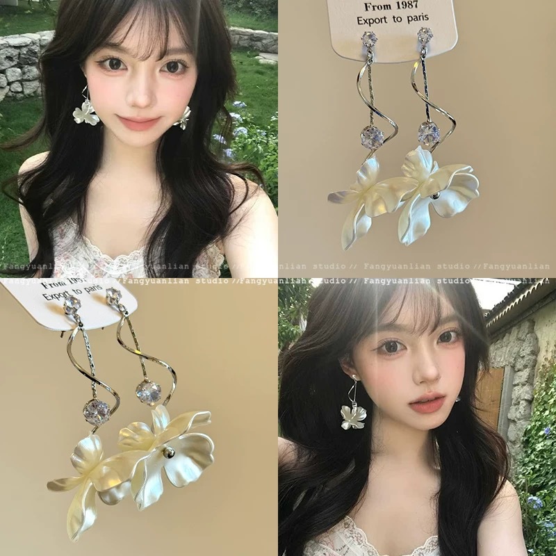 36#화이트 플라워 펜던트 큐빅 지르코니아 태슬 귀걸이