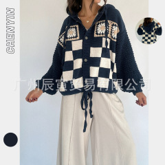 ins欧美女士秋冬季新款街头时尚棋盘格钩针拼接连帽外套