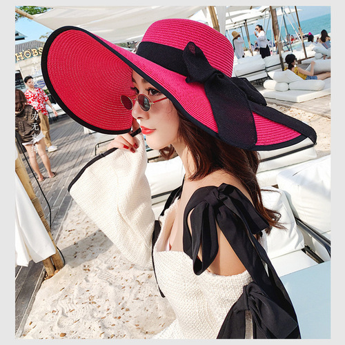 Wholesale fashionable summer sun protection large-brimmed straw hat with edge streamer monochrome ladies travel vacation sunshade beach hat