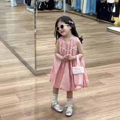 Princess Top Dress for Girls 2024 Summer Pink Sweet Butterfly Knot Loose Sleeveless Bouquet Dress