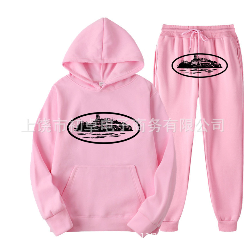 Europeo y americano clint419 diablo prisión patrón hombres y mujeres mismo suéter traje impreso con capucha conjunto de dos piezas al por mayor