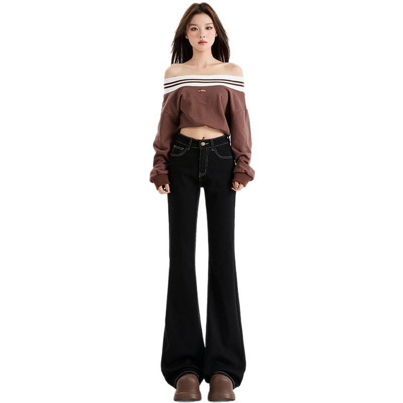 美式黑色微喇叭牛仔裤女加绒秋冬新款高腰显瘦纽扣口袋拖地马蹄裤|undefined