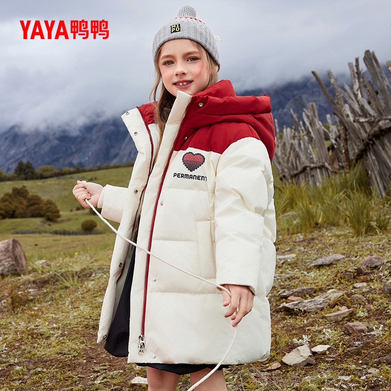 鸭鸭童装2024冬季中长款连帽男女童时尚韩版中大童保暖羽绒服X