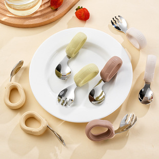 Cross-Border 304 Spoon Tableware Baby Training Spoon and Fork Portable Children's Supplementary Food Spoon with Silicone Handle for Feeding