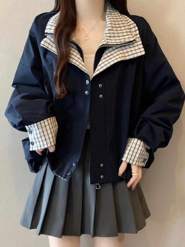 2025秋季新款女装韩系撞色格子假两件外套女开衫夹克上衣女A7546|undefined