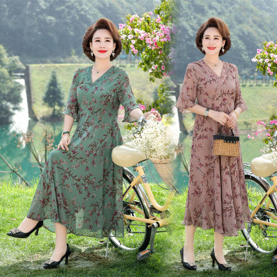 Summer wear Middle and old aged women's clothing 2022 new pattern 50 middle age Lady mom Western style Short sleeved Chiffon Dress