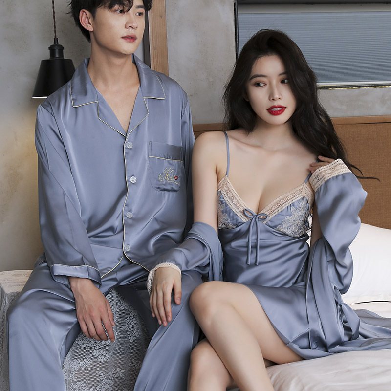 Couple pajamas women's spring and autumn ice silk nightgown sling sexy two-piece suit morning gown men's silk home wear suit