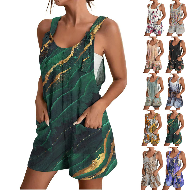 2023 Summer European and American Independent Station TEMU Cross-border New Casual Positioning Printed V-Neck Sling Pocket Jumpsuit