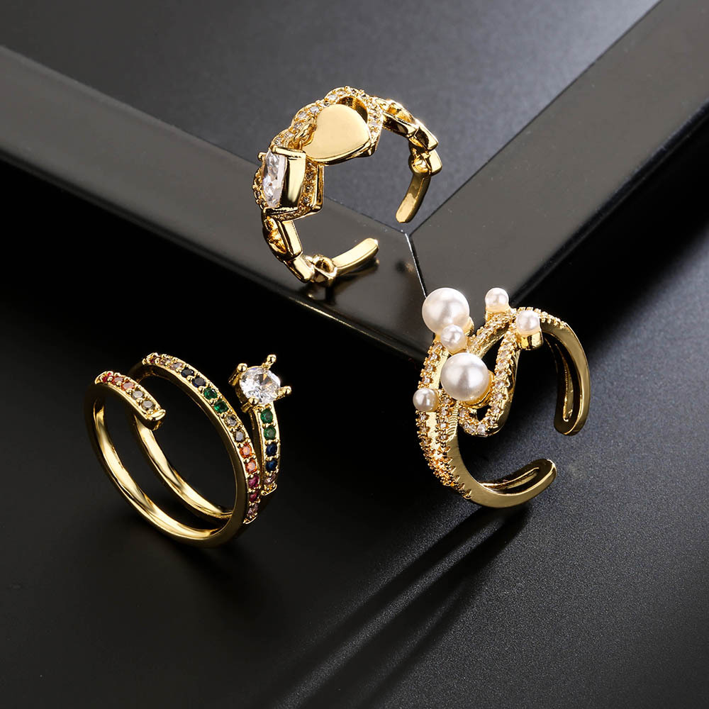 fashion copper 18K gold zircon pearl irregular hollow open ring female