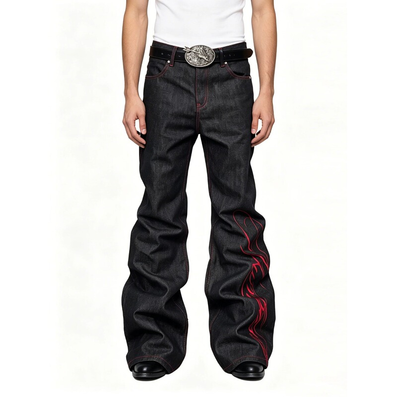American-Style High Street Embroidered Black and Red Flared Jeans for Men, Unique Design, Cool and Loose Straight-Leg Pants, Trendy