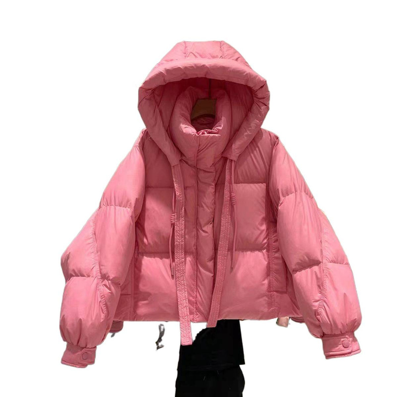 2025冬反季新款棉服女超短款连帽加厚宽松小个子飘带棉衣外套|undefined