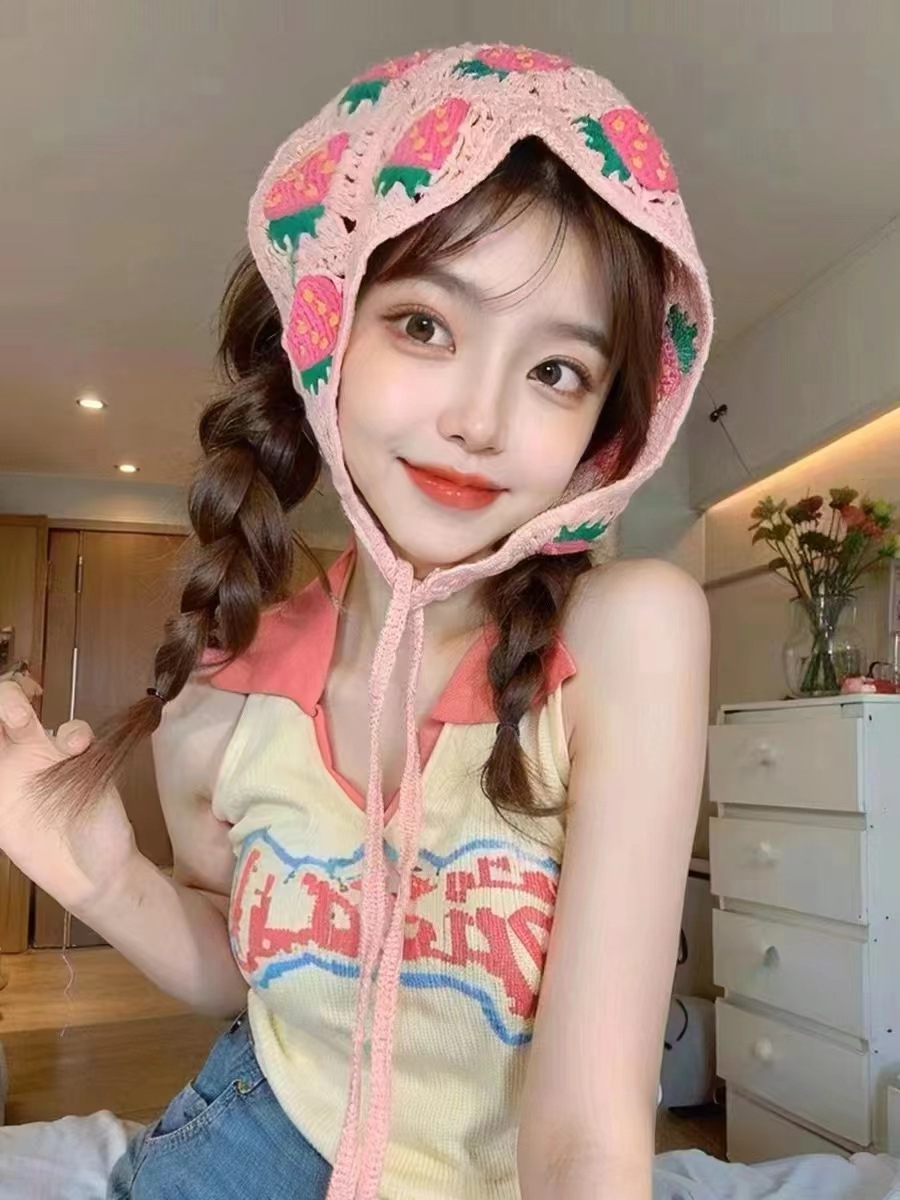 30g Weight scarf Hair Accessories Type Cute Sweet Pastoral Women's Plaid Flower Knit Scarf