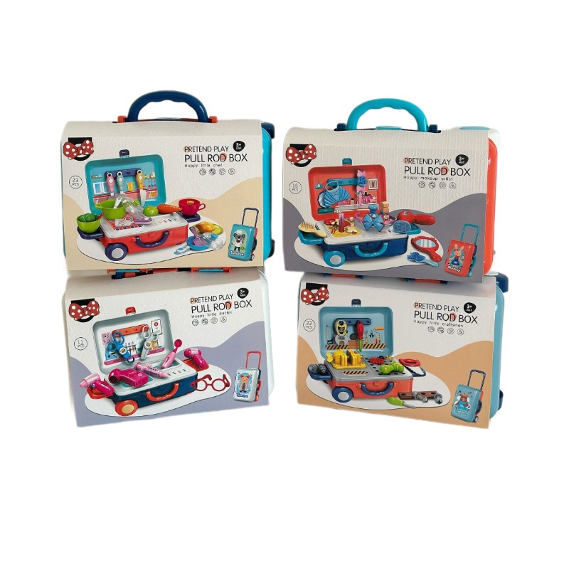 Caja trolley de juegos para bebés transfronterizos/comida de simulación portátil de doble uso Cocina Doctor Herramientas Maquillaje Utensilios de cocina Juguetes