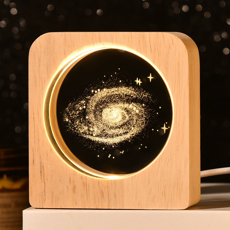 [跨境星球小夜灯3D图案内雕发光水晶桌面摆件木质底座景观节日礼物]