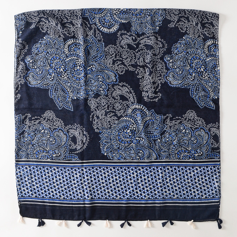 Azul oscuro vintage estilo étnico anacardo flor algodón y lino sensación bufanda viaje foto decoración mantón protector solar Toalla de playa